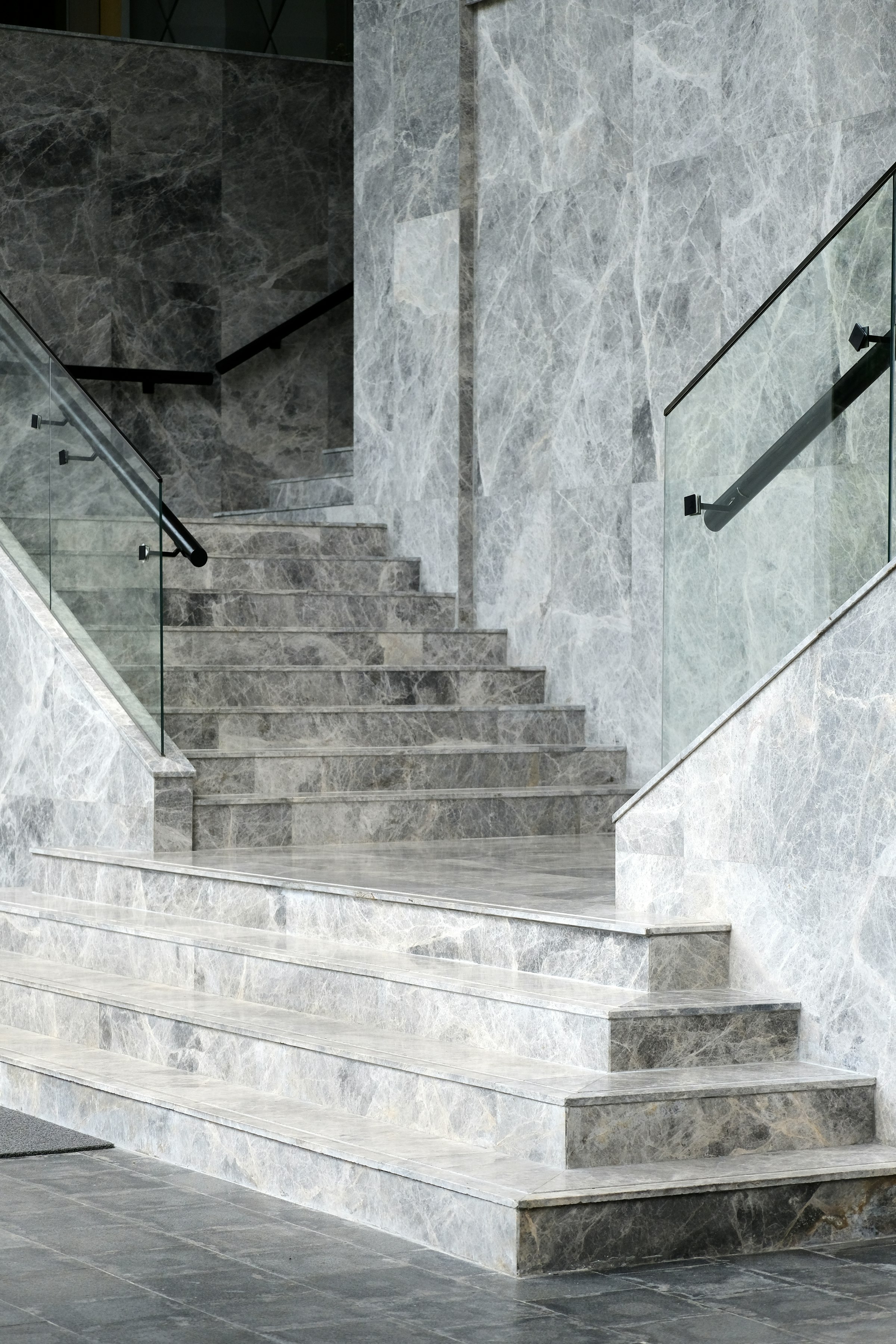 Stone staircase and wall surfaces in a completed building