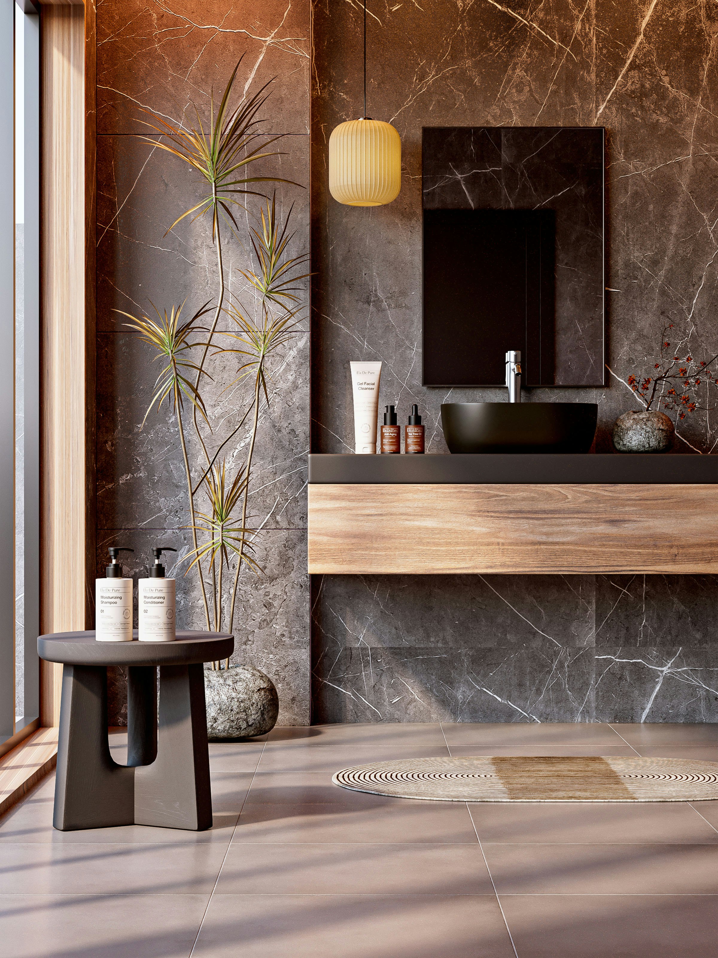 Stone-clad interior completed with Eymolan surfaces